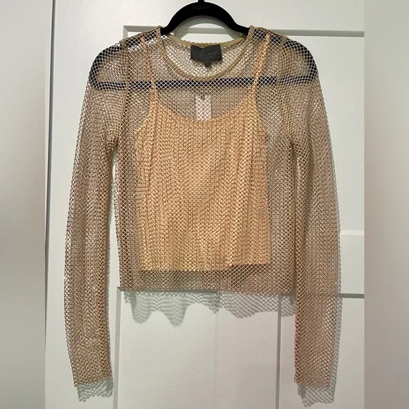 Anthropologie Sunday in Brooklyn Mesh Sparkle Top in Sand Beige - Picture 3 of 8